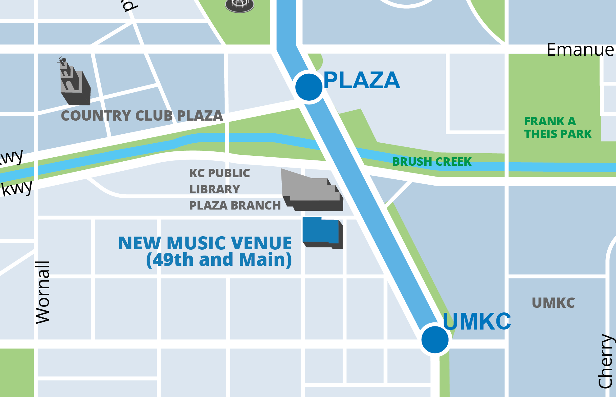 Map showing venue location at 49th and Main, just south of Country Club Plaza